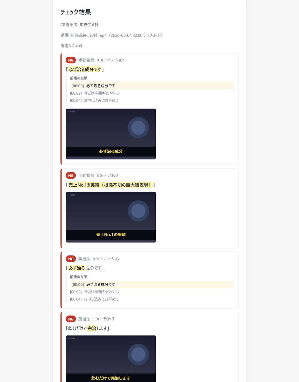 共有URLで開くチェック結果レポート: NG箇所と該当フレーム画像